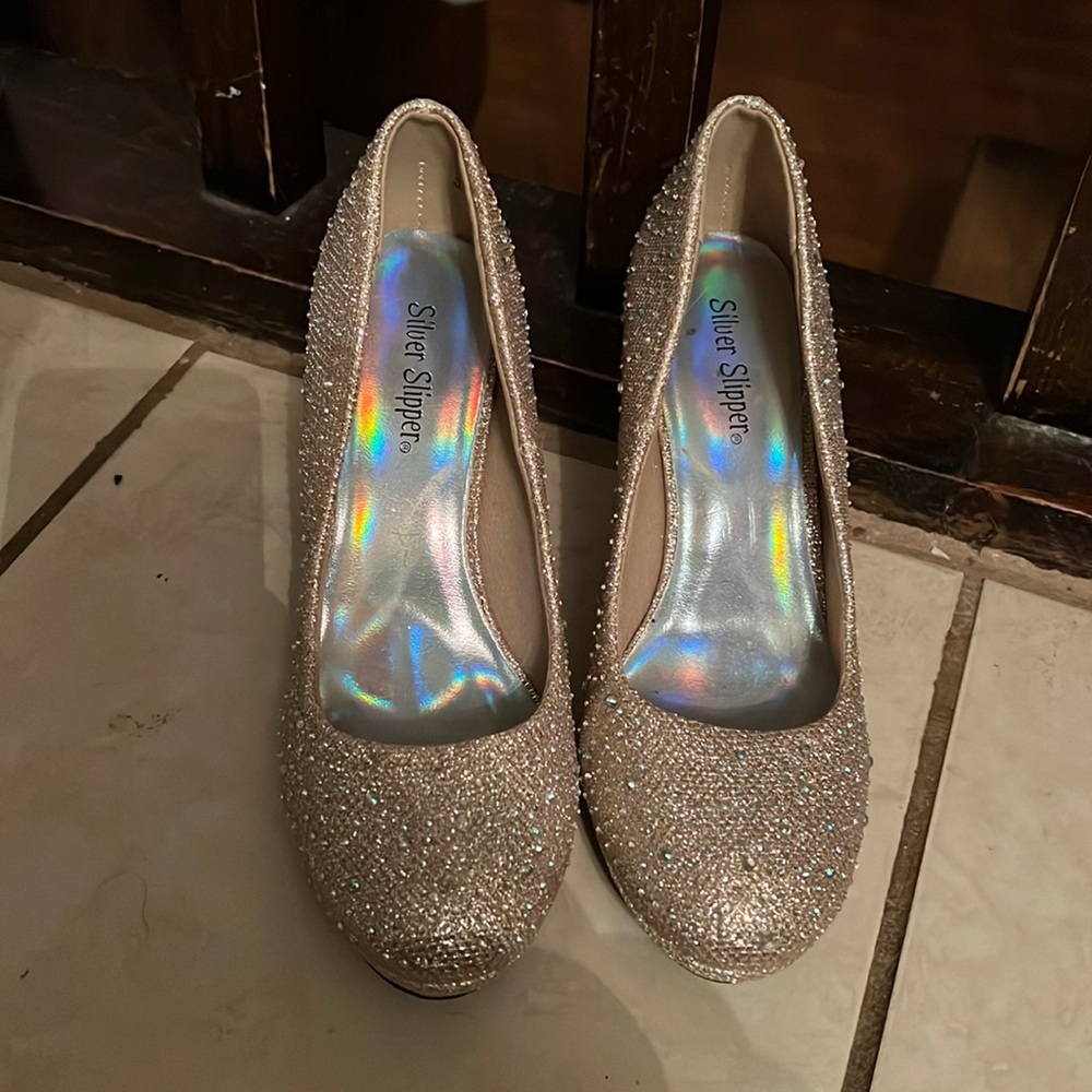 Gold Glitter Heels with Rhinestones